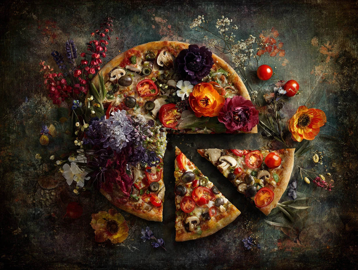 Nature morte de cuisine avec pizza végétarienne et fleurs