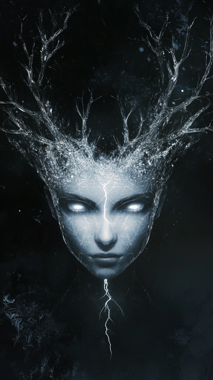 Visage cristallin symétrique aux reflets de verre lumineux