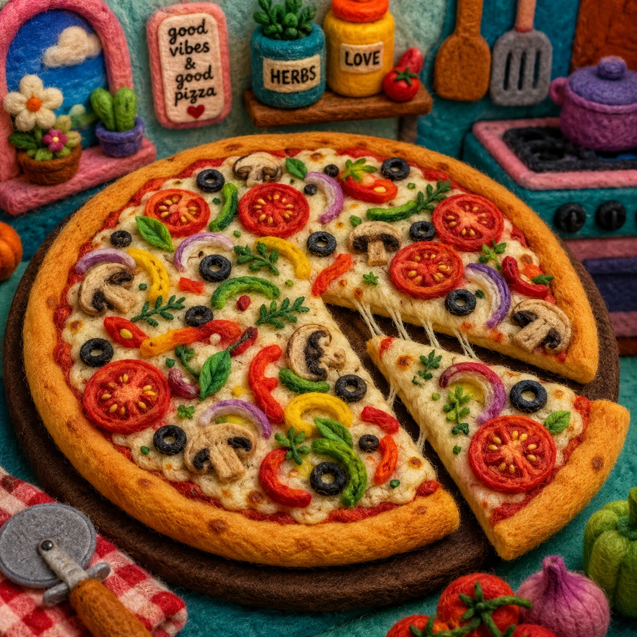 Pizza colorée en feutrine avec garniture de fromage végétal en tranches