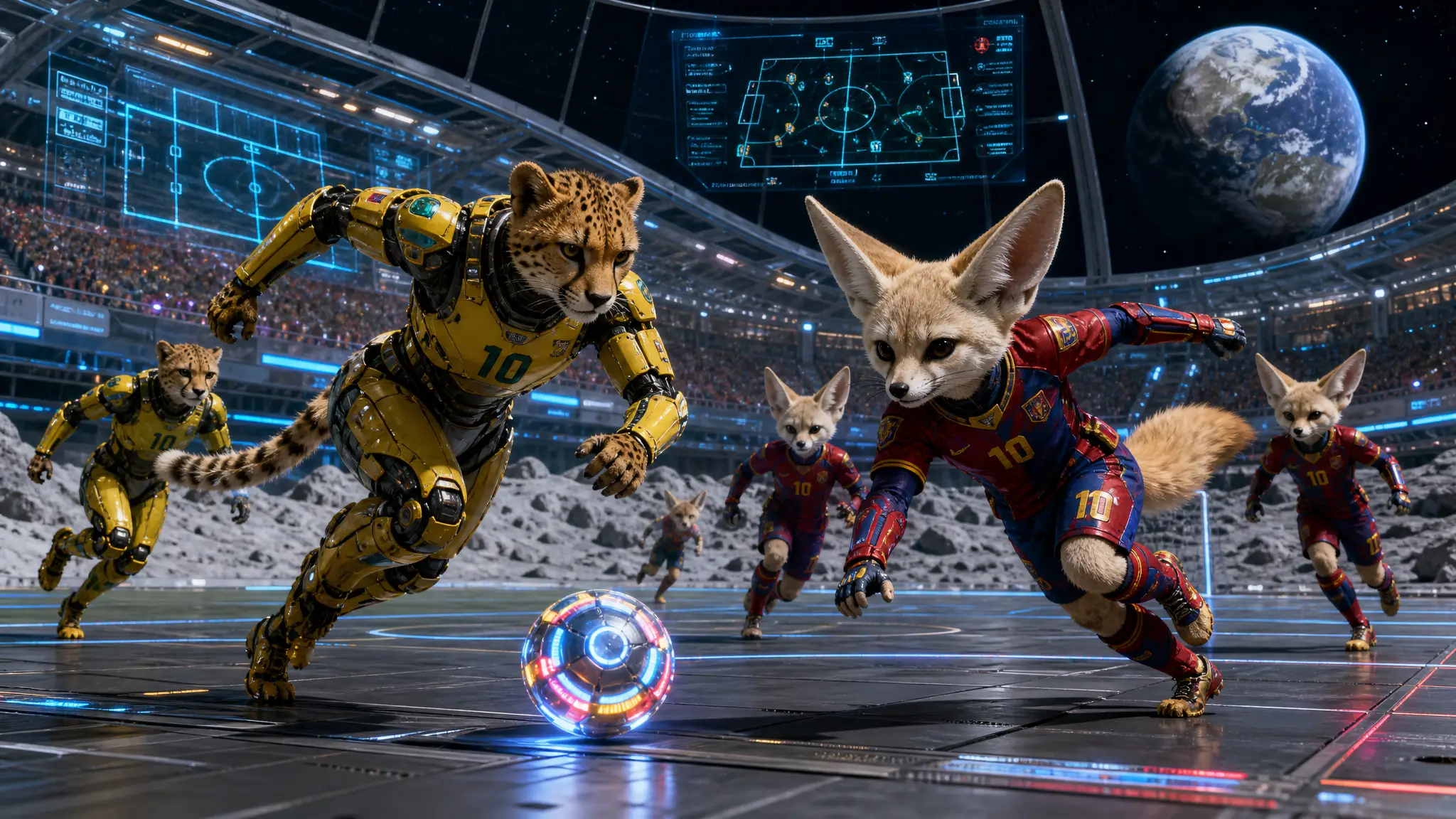 Sci-Fi-Fußballspiel mit Tieren über der Mondoberfläche