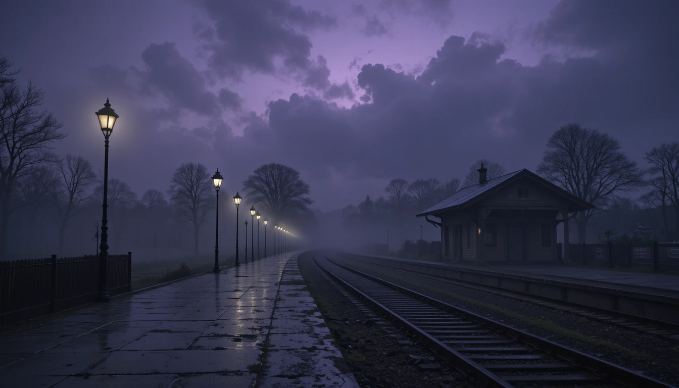 Abandoned Train Station Under A Dusky Purple Evening Sky