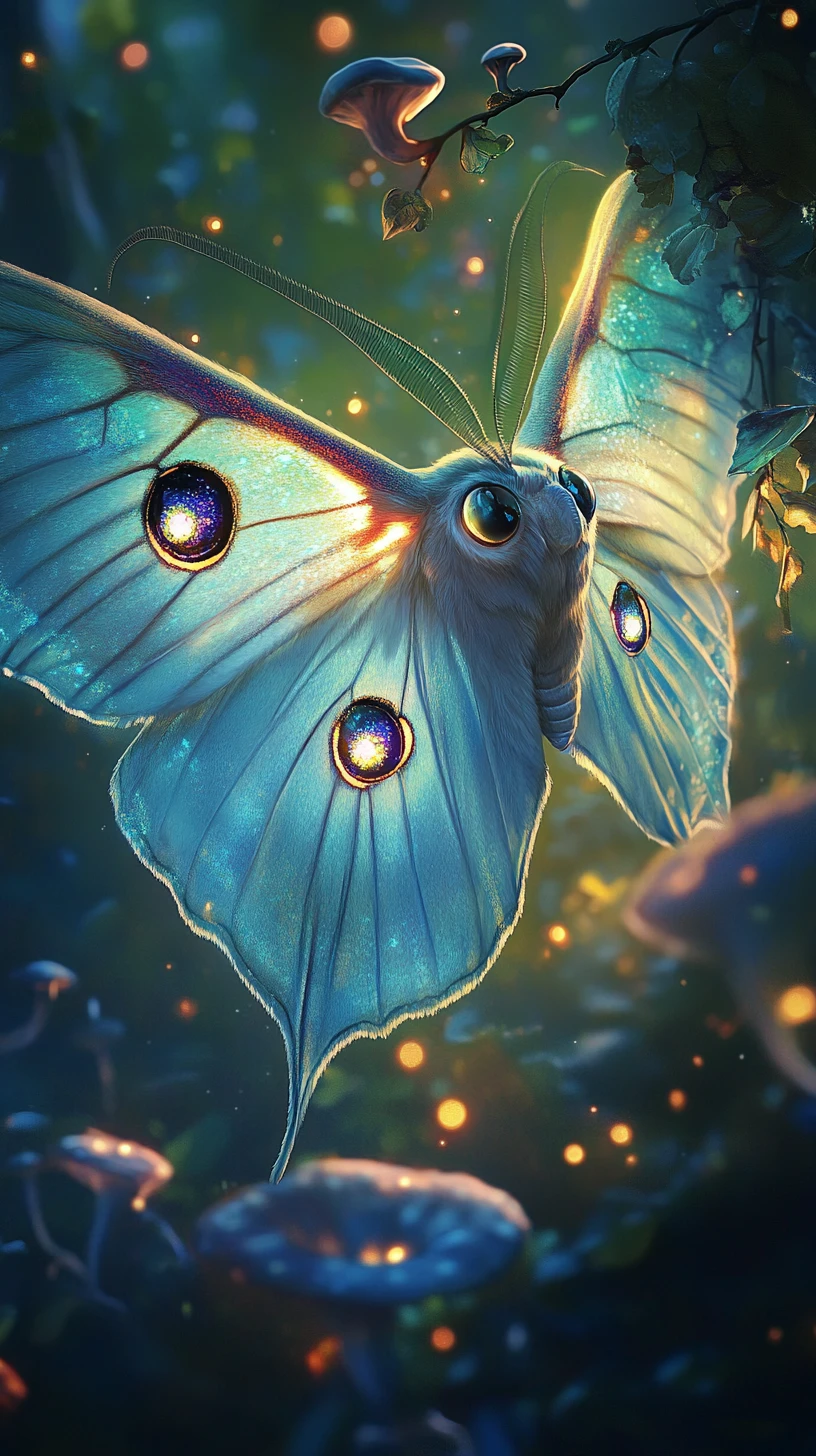 Mariposa-lua bioluminescente em uma floresta fantástica dos sonhos