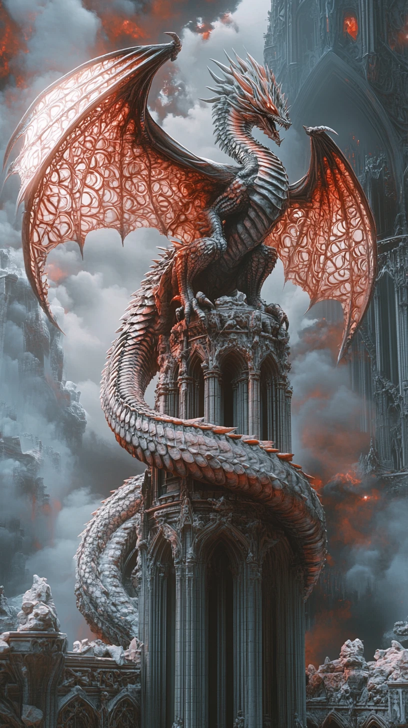 Dragão Pairando Sobre uma Catedral Gótica em Ruínas à Noite