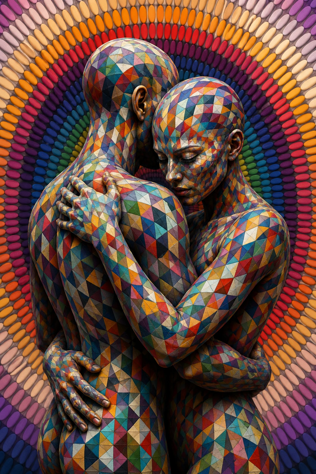 Casal abraçado com corpos em mosaico geométrico colorido