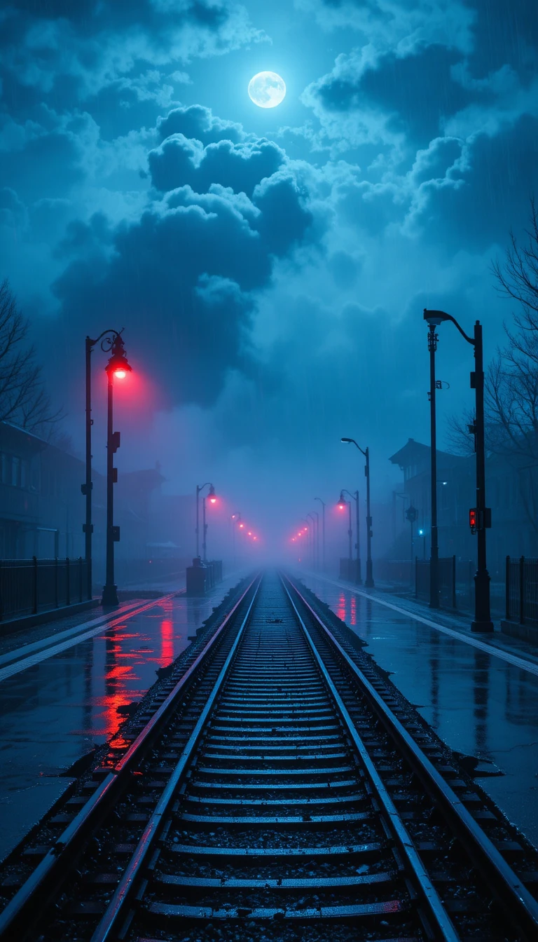 Bahngleise, die in einem nebligen, mondbeschienenen Nachtbahnsteig verschwinden