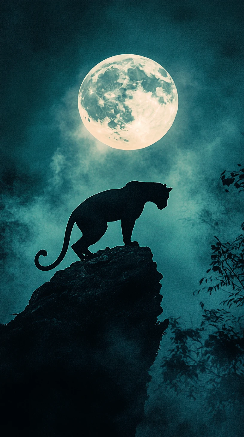 Silhouette de panthère noire sur une crête de jungle sous une lune lumineuse