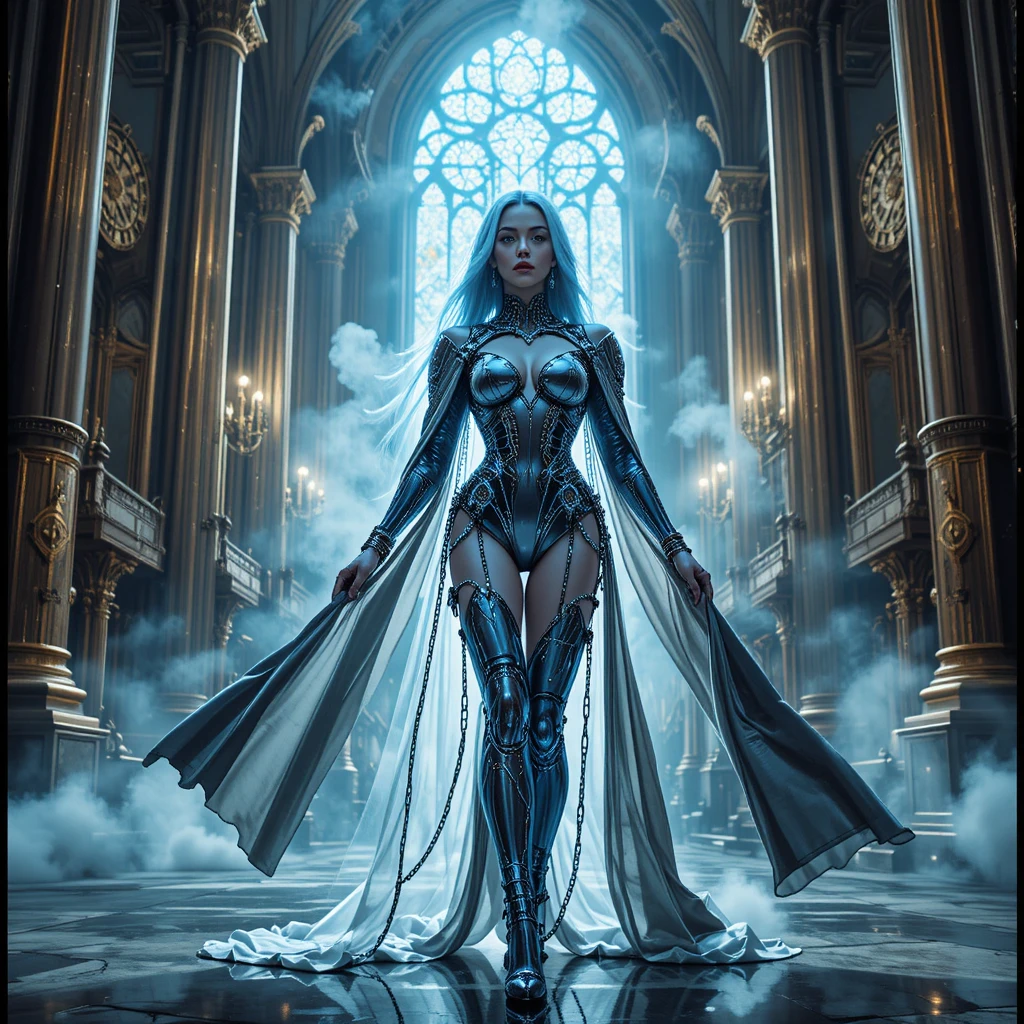 Regina futuristica in una vasta cattedrale steampunk