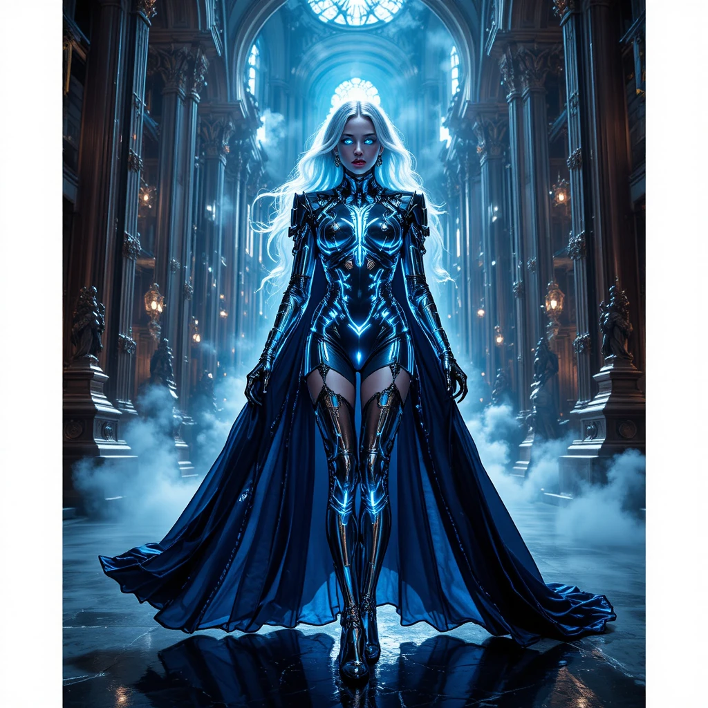 Rainha futurista em uma catedral steampunk monocromática