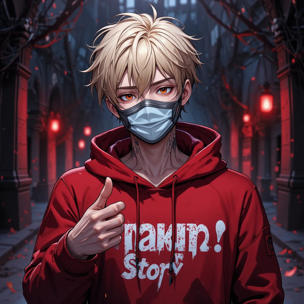 Chico de anime con sudadera roja y máscara en una noche de terror
