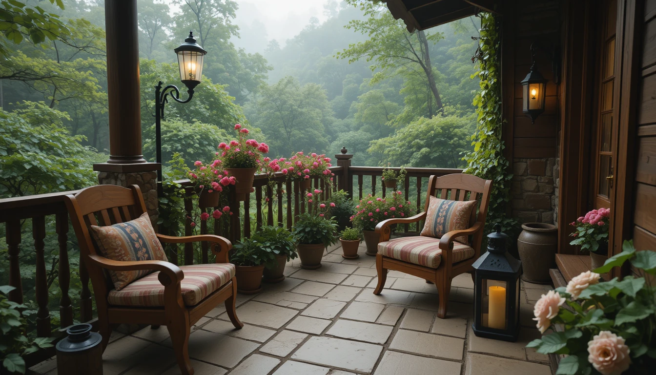 Cozy rustic balcony with wooden armchair and lanterns