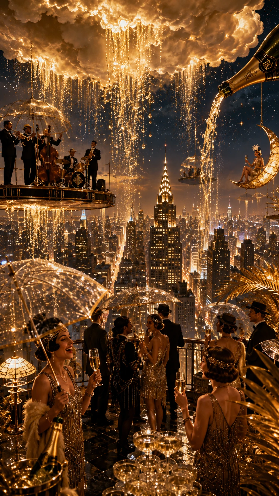 Festa glamourosa na cobertura sobre um cintilante horizonte da cidade