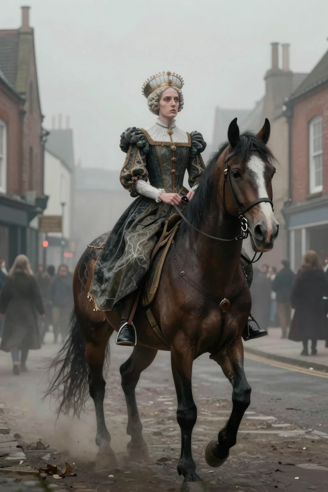 Noble dame médiévale chevauchant dans les rues brumeuses de Coventry