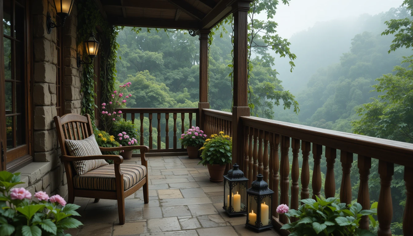 Rustic balcony armchair glowing with candlelit lanterns