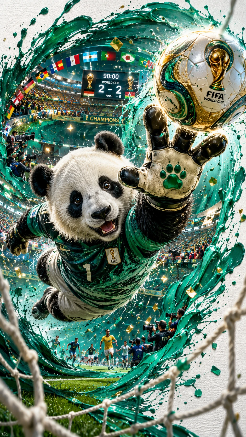 Goleiro panda voador defendendo um chute de futebol brilhante