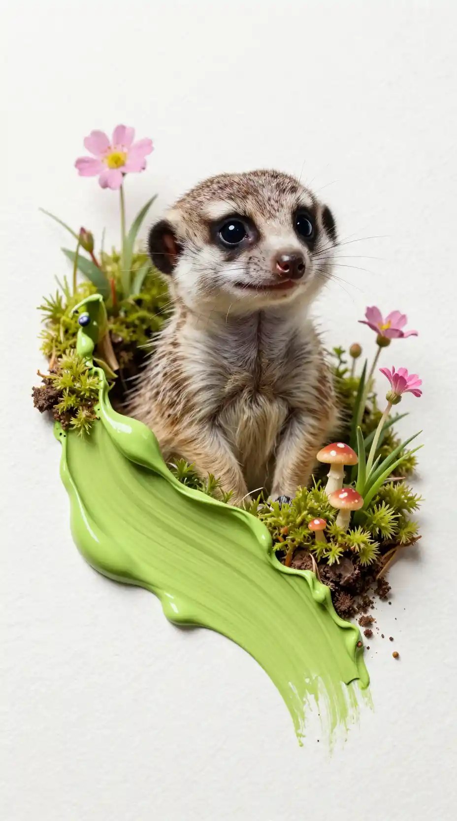 Baby meerkat emerging from a tiny painted ecosystem