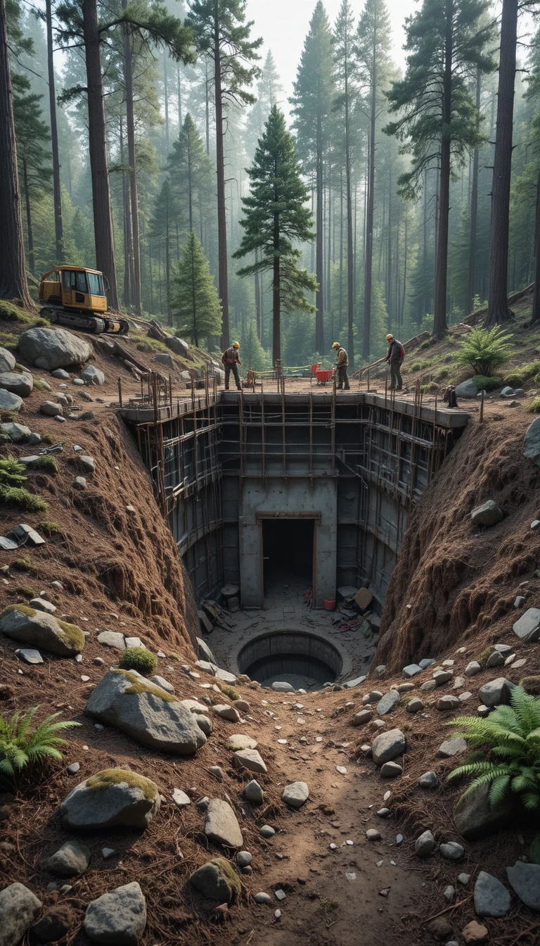 Cantiere di bunker nella foresta con pozzo d’ingresso in cemento