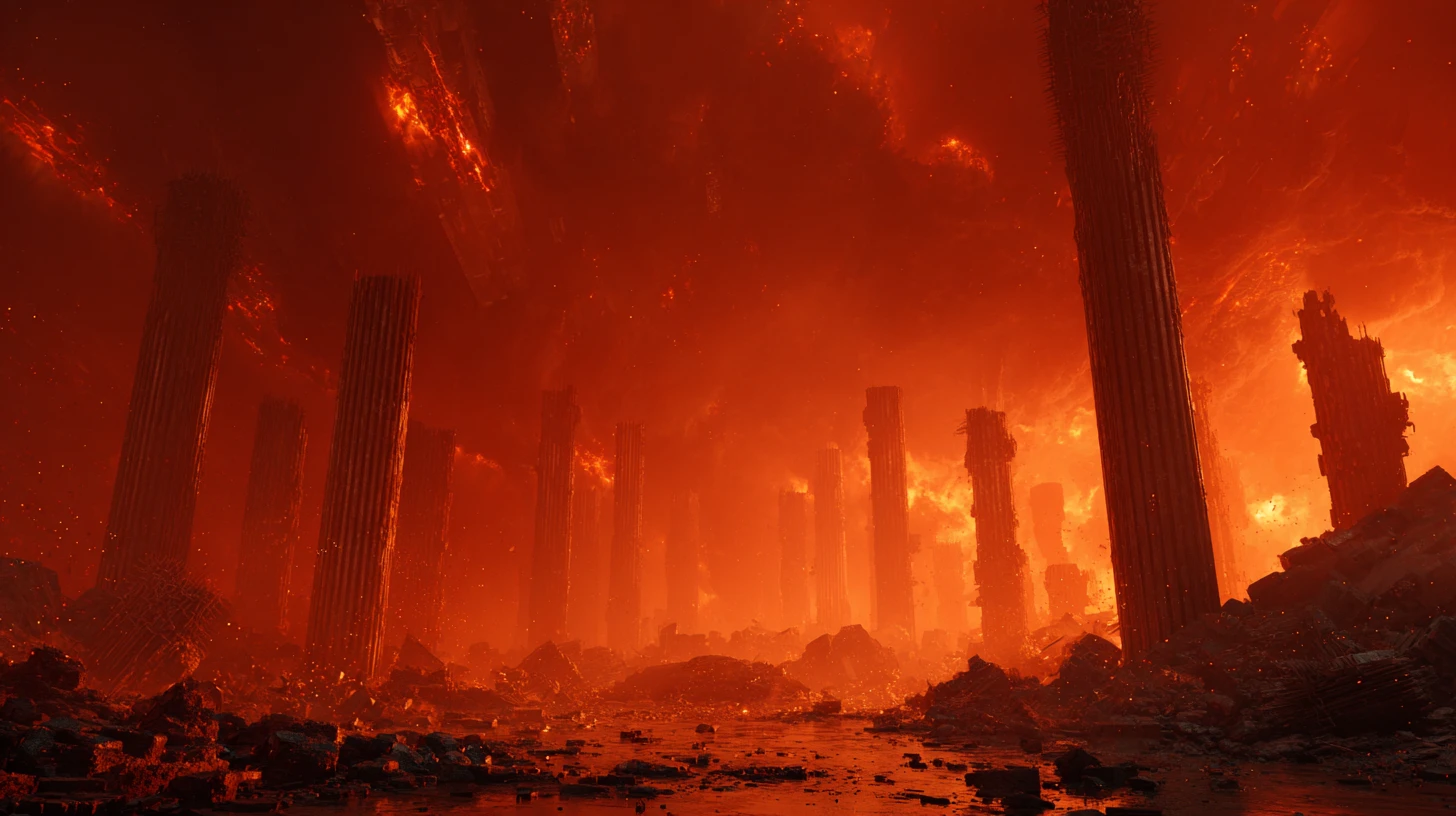 Burning futuristic metropolis under raining meteors and dark smoke