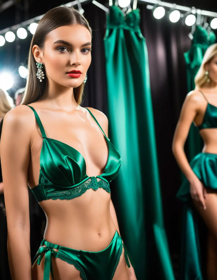 Jovem modelo confiante posa nos bastidores com lingerie de cetim verde