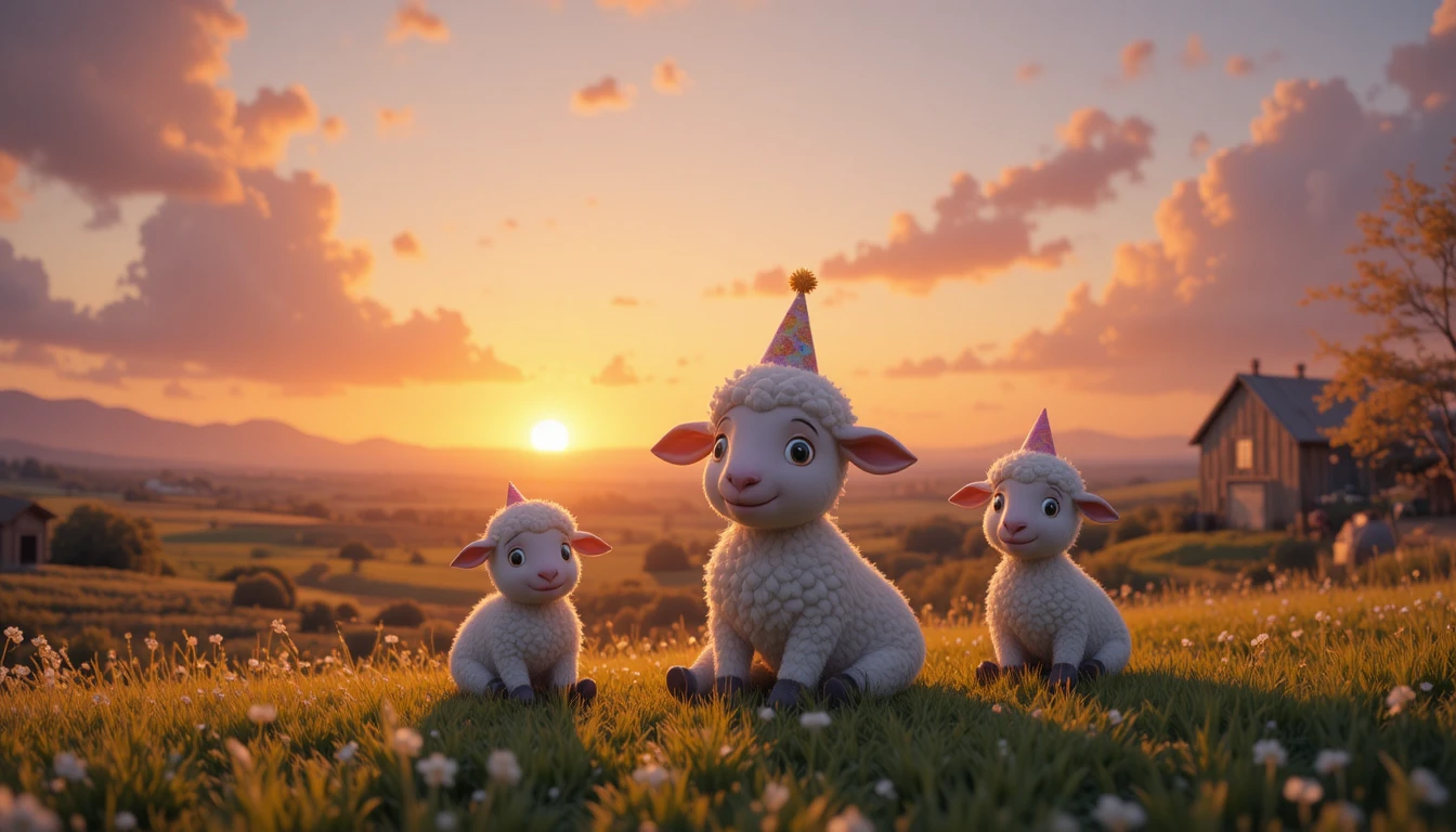 Amici pecorelle che guardano un tramonto luminoso sulla fattoria