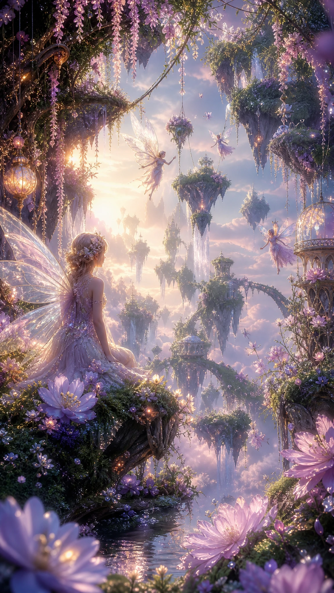 Jardins de fadas flutuantes brilhando em um céu crepuscular tranquilo