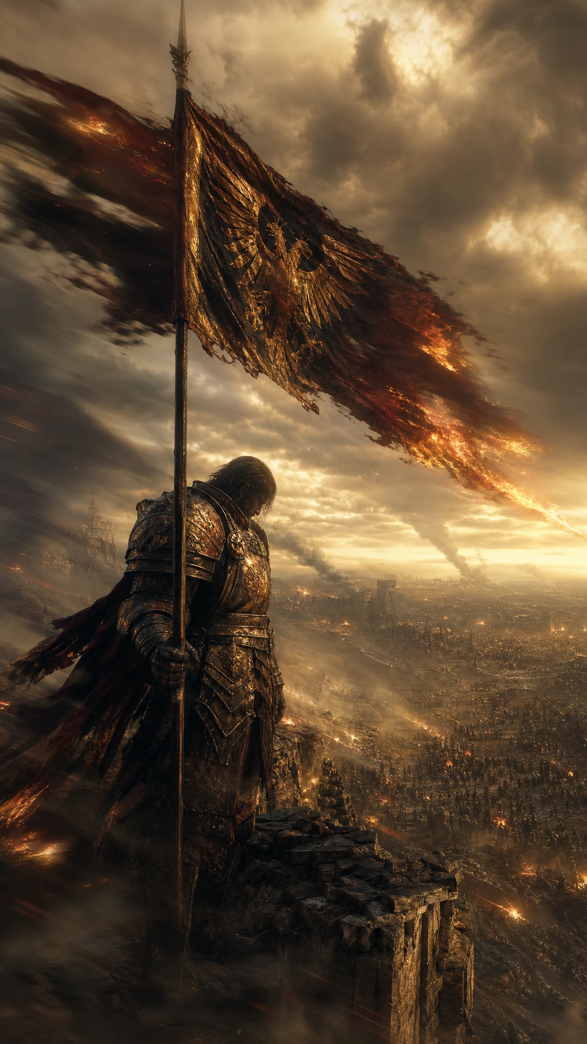 Paladin en armure tenant un drapeau en flammes sur le mur d’une forteresse en ruines