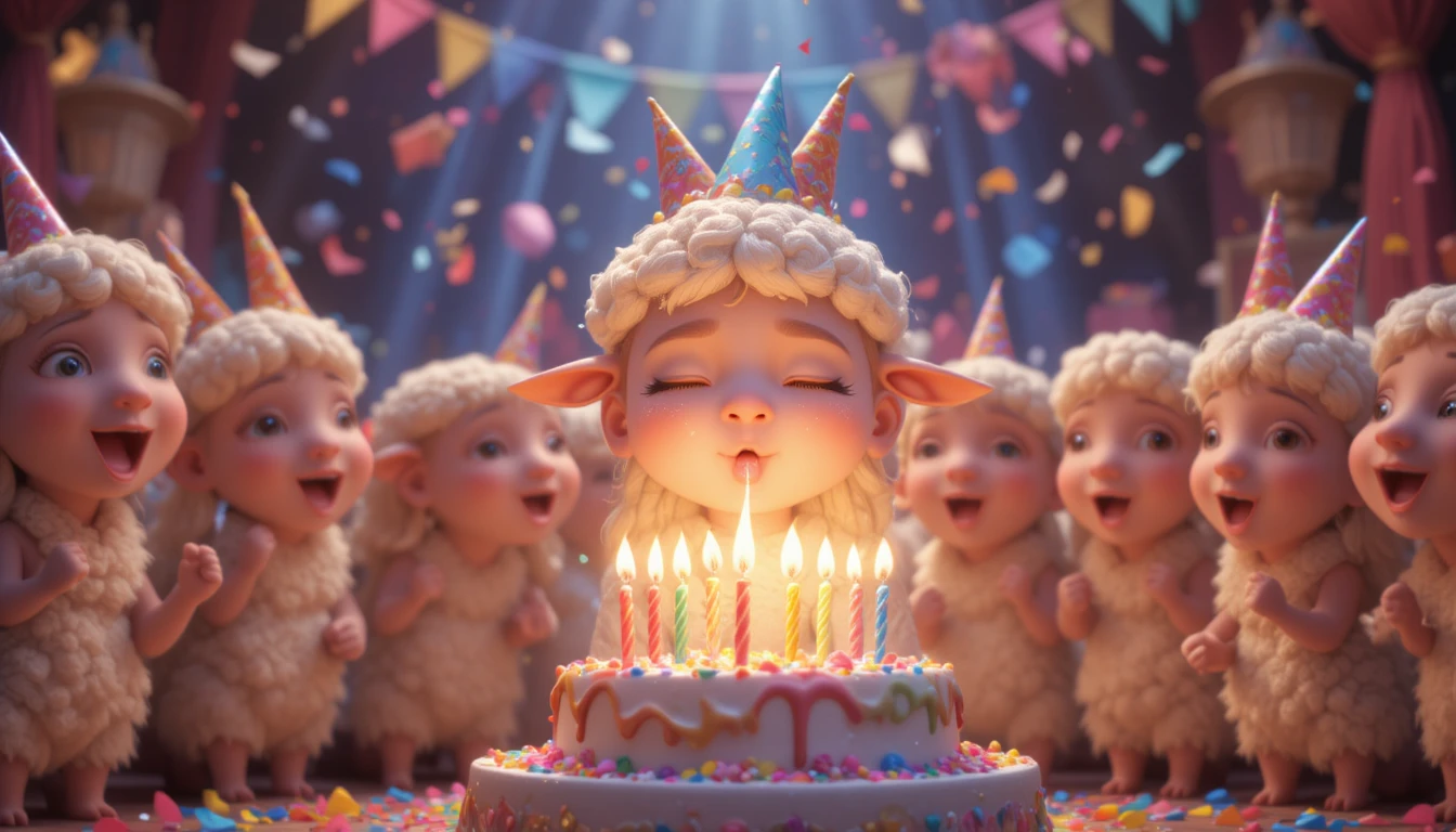 Ovelha de aniversário em desenho animado apagando velas na festa