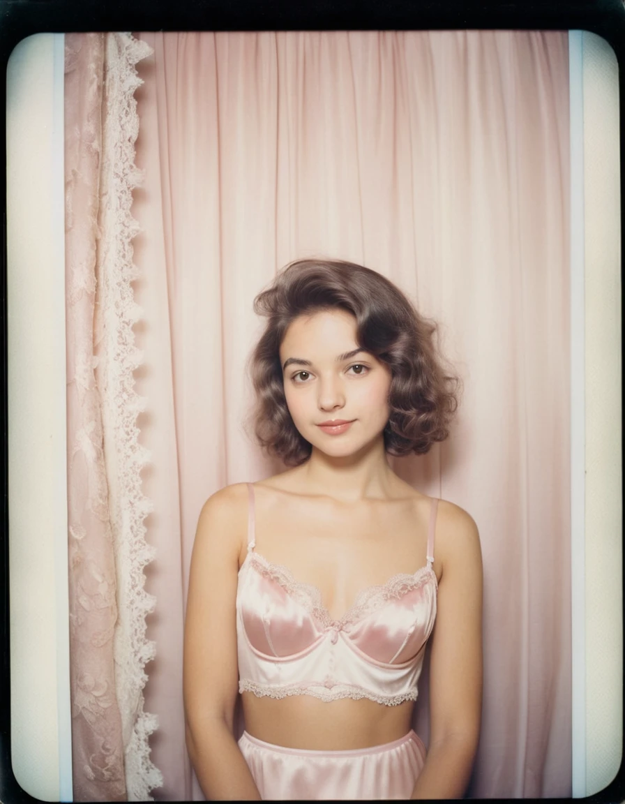 Jeune femme en lingerie pastel dans un photomaton vintage
