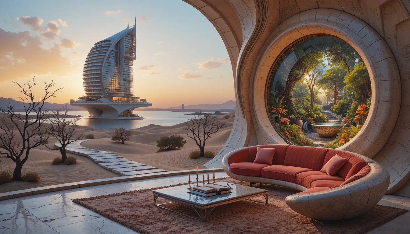 Edificio futuristico a spirale nel deserto che brilla sotto il cielo stellato