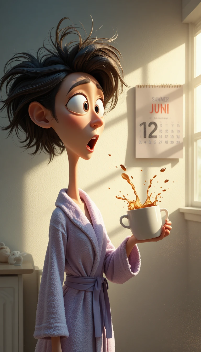 Mulher em desenho animado em pânico derramando café no calendário de junho