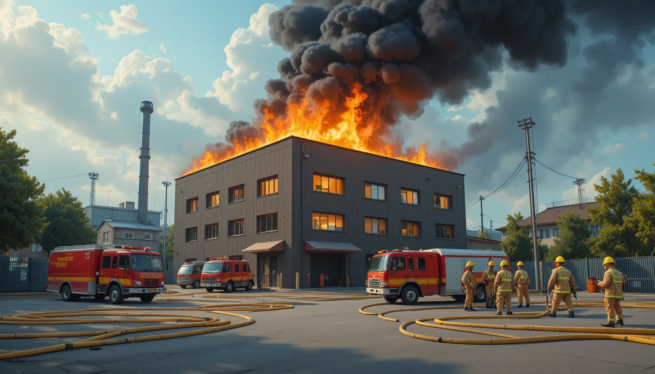 Bâtiment industriel en feu avec pompiers et fumée