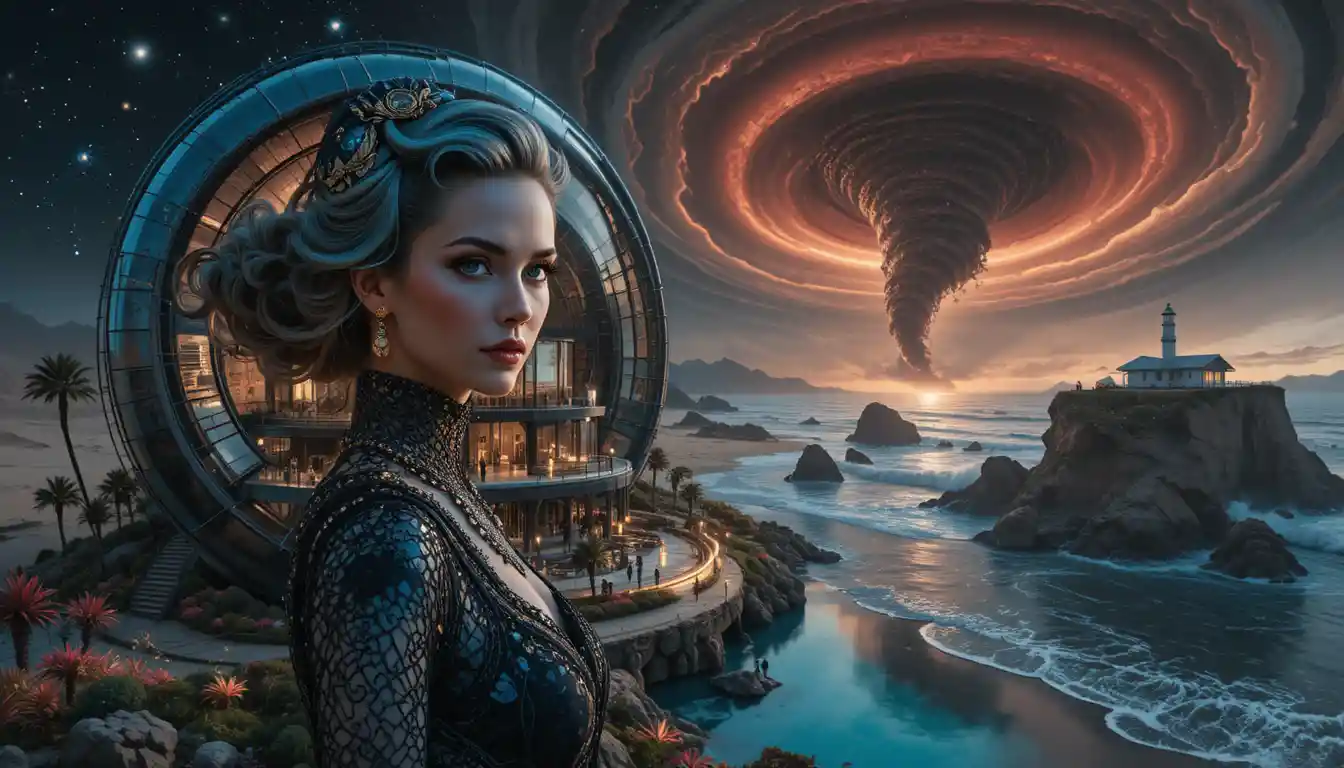 Portrait de Charlize Theron avec cheveux et bijoux art nouveau