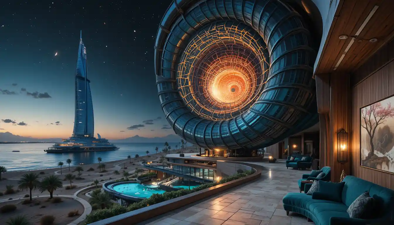 Futuristic spiral desert building glowing under a starry sky
