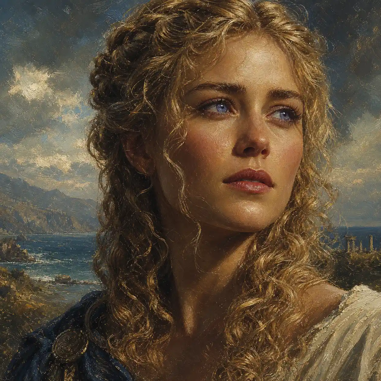 Close up portrait of a woman with sorrowful blue eyes
