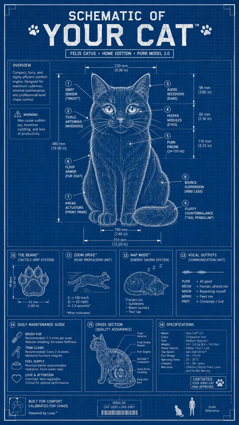 Plano técnico humorístico de un gato caricaturesco sentado