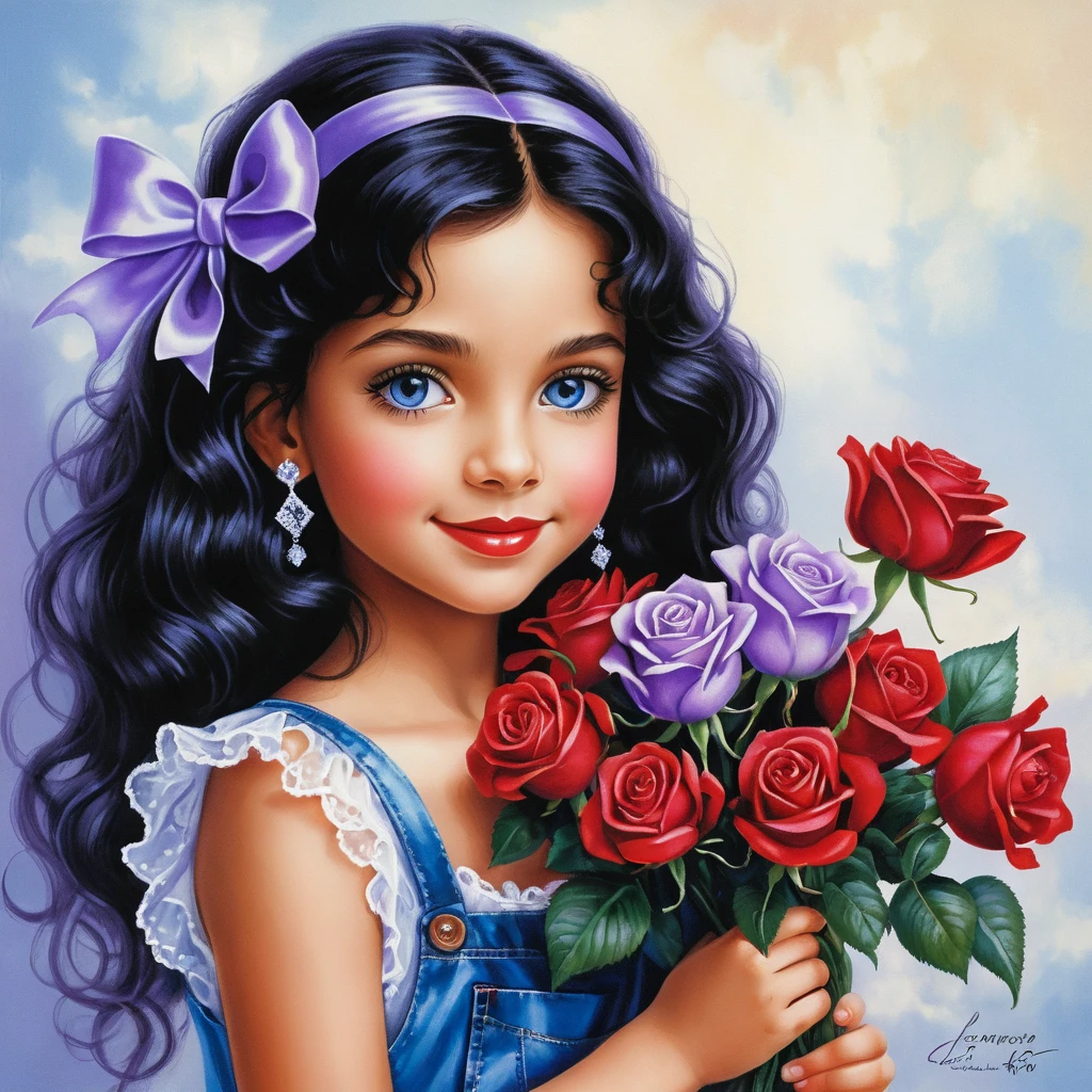 Ragazza sorridente con rose in blusa di raso color lavanda