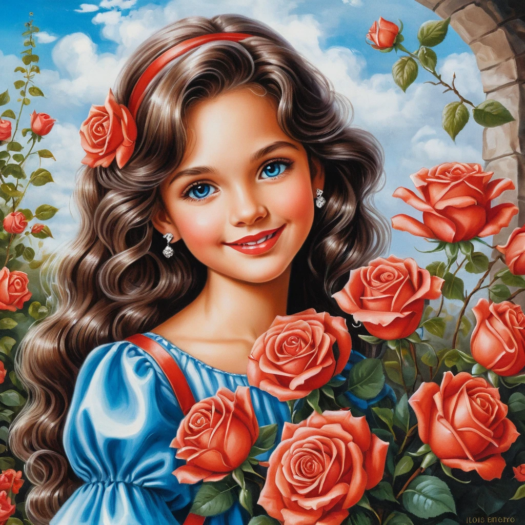 Smiling girl with roses in shiny salmon satin blouse