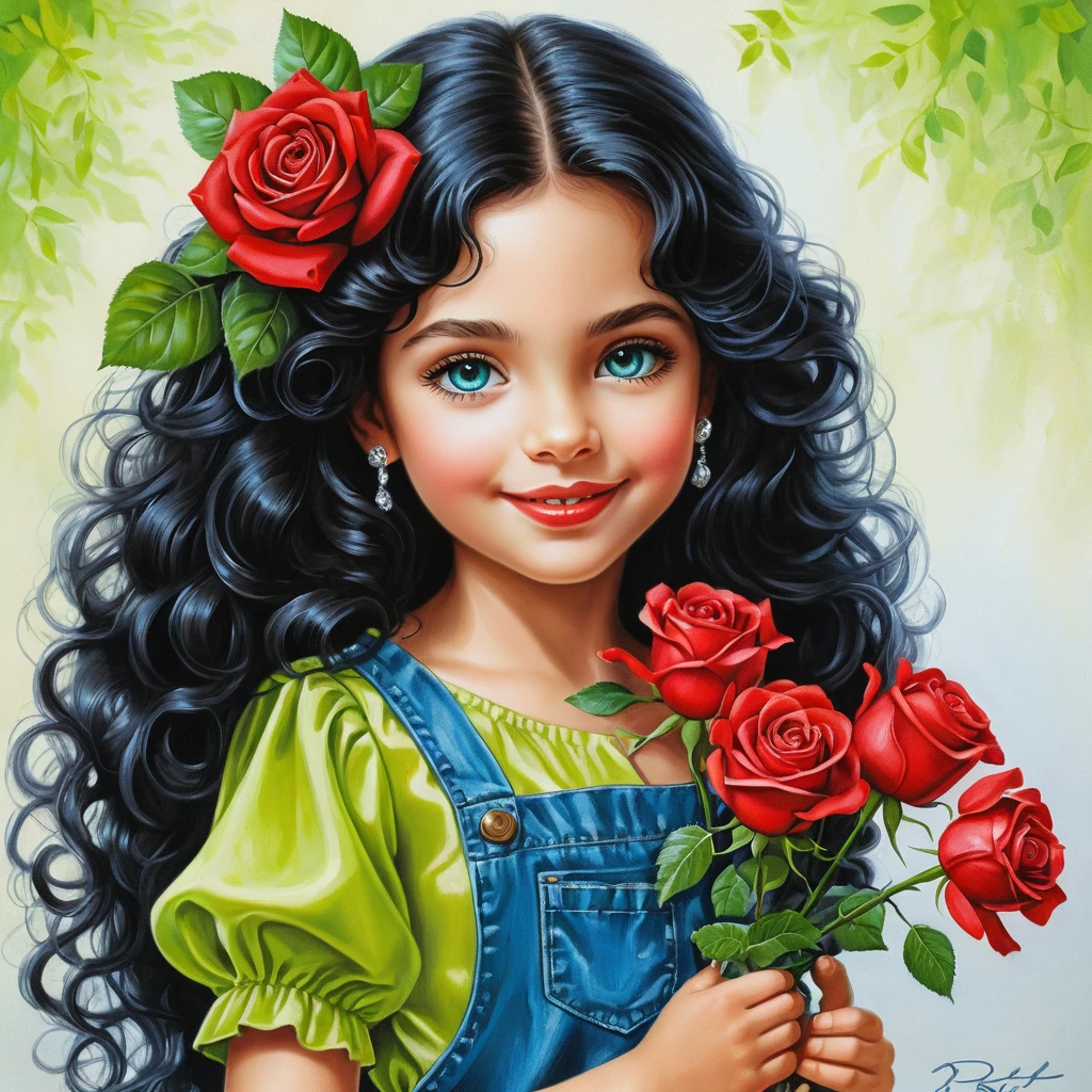 Fillette souriante avec des roses en blouse satin vert citron