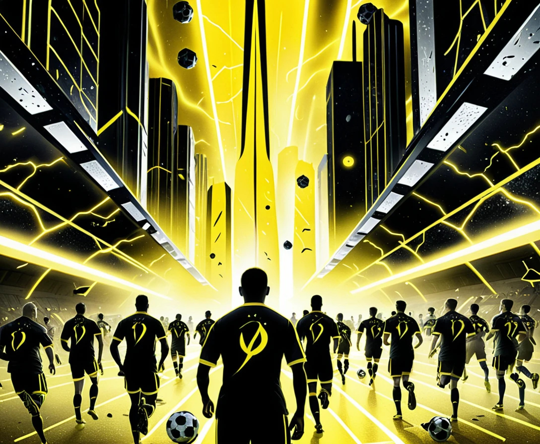 Futbolistas infrarrojos surrealistas en un estadio futurista de ciudad