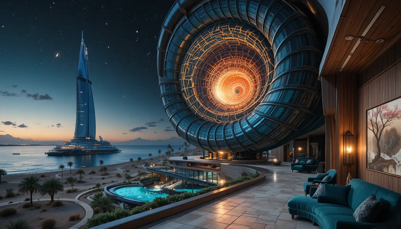 Edificio futuristico a spirale nel deserto che brilla sotto un cielo stellato