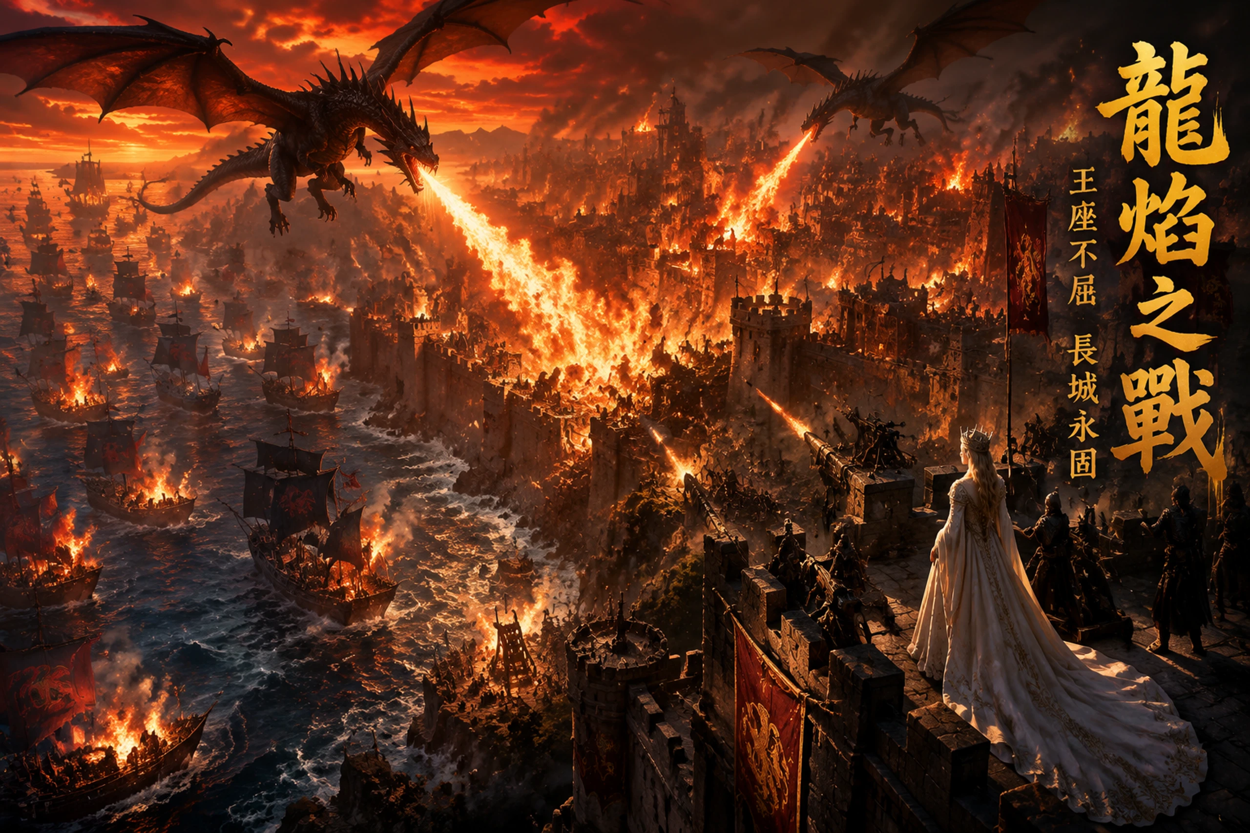 Dragões Cercam uma Ardente Cidade Portuária de Fantasia Medieval