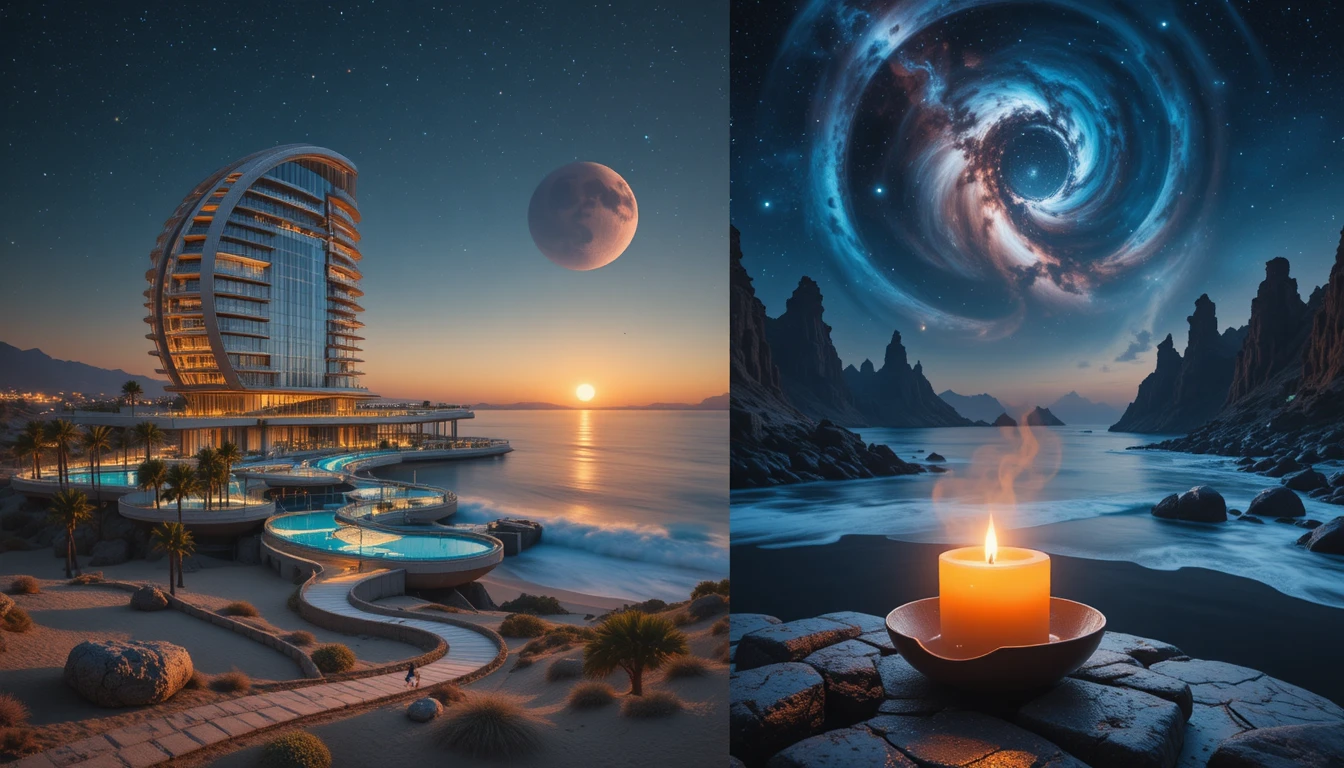 Futuristisches Spiral-Resort, das über einem ruhigen Ozean-Sonnenuntergang leuchtet
