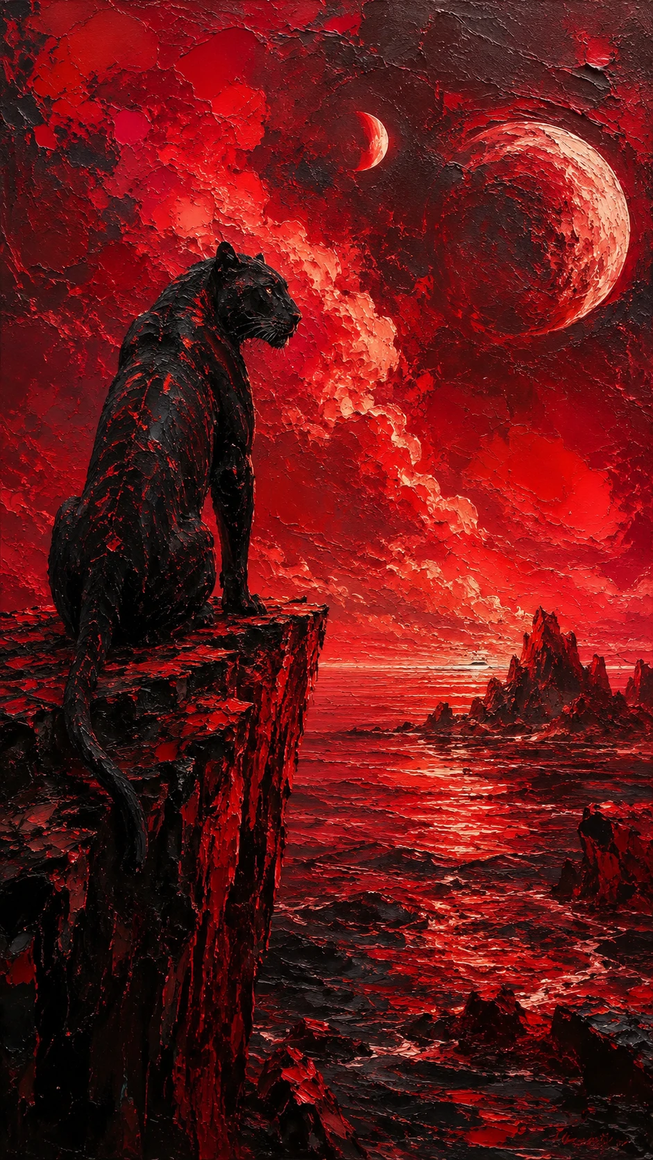 Panthère ancienne sur une falaise au-dessus d’une mer extraterrestre lumineuse