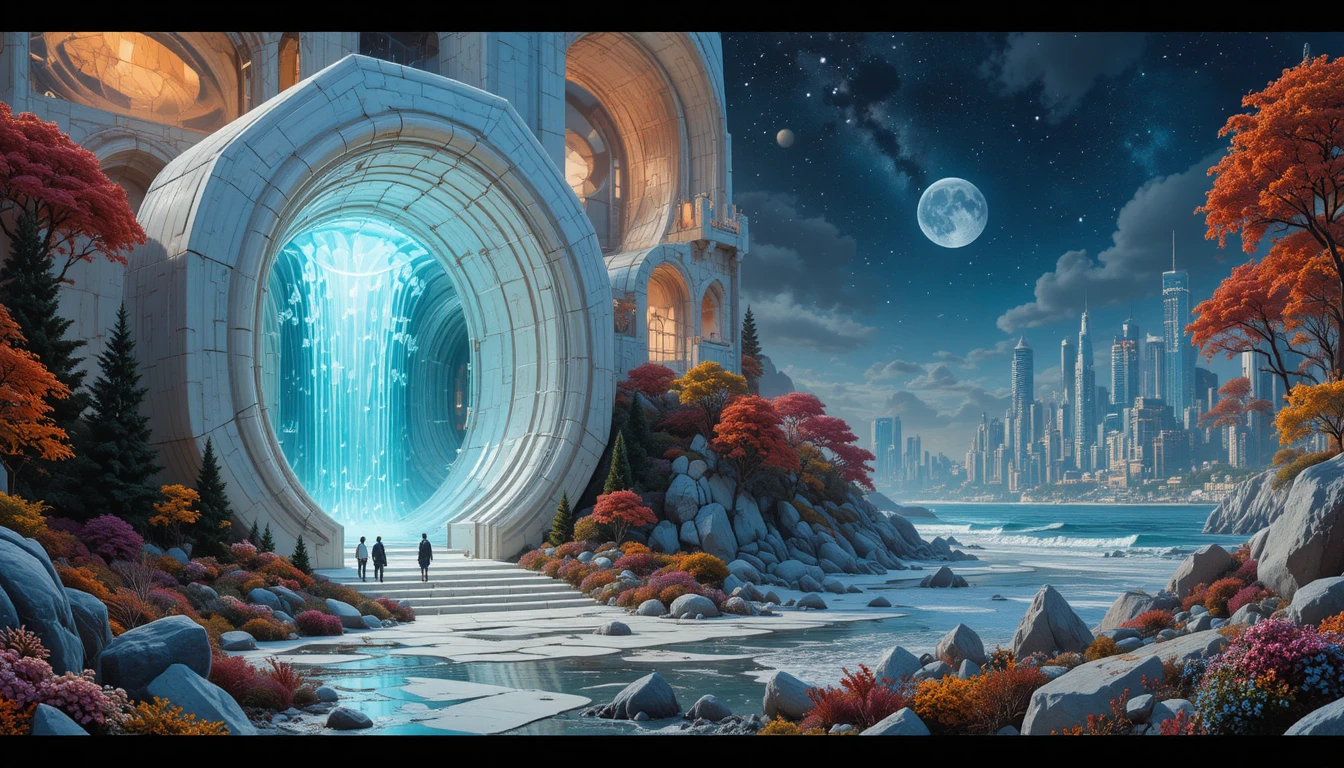 Maison futuriste en céramique au bord de l’océan la nuit