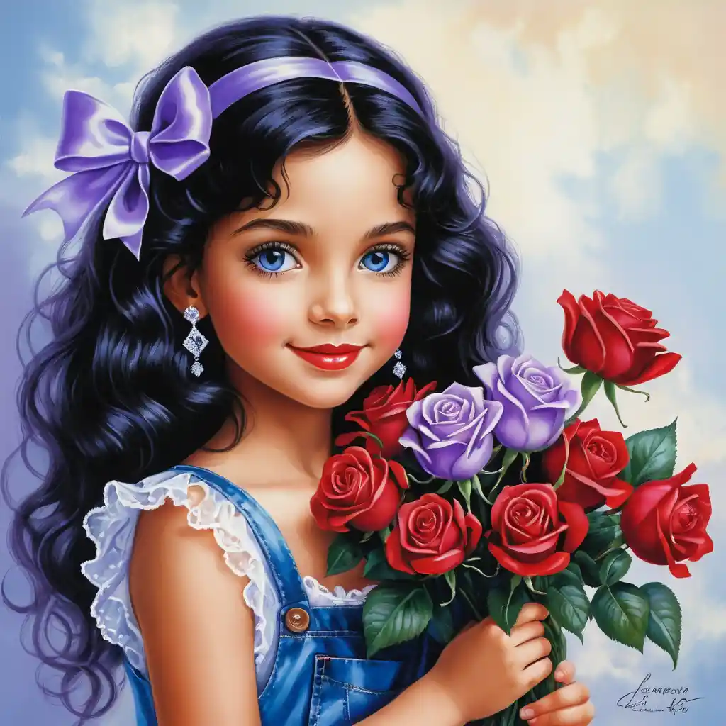 Ragazza sorridente con rose in blusa di raso color lavanda