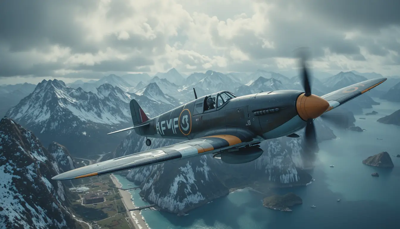 World War II fighter planes battling above stormy sea cliffs