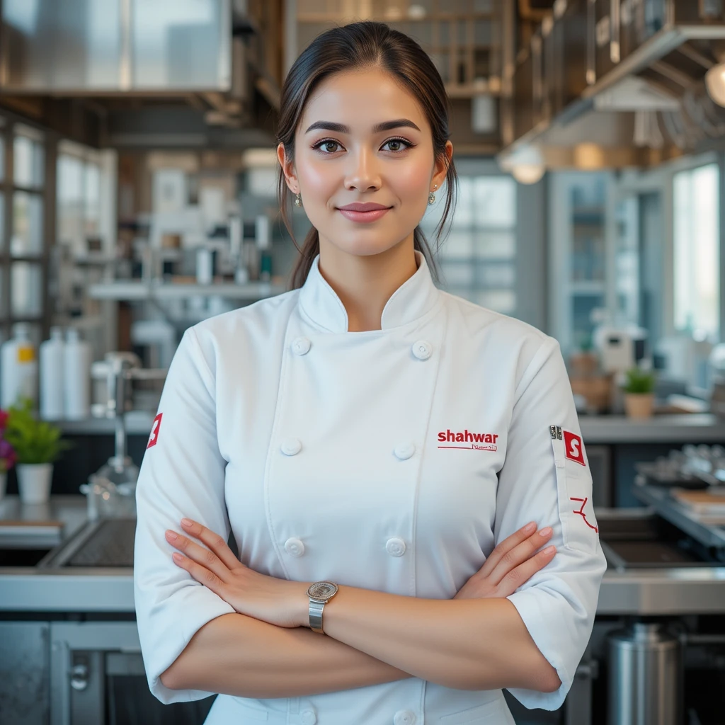 Chef donna in uniforme bianca con logo rosso di marca alimentare