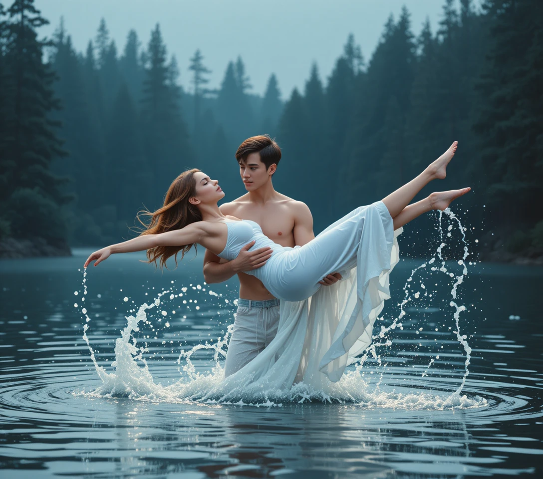 Coppia che balla romanticamente nell’acqua sotto una foresta oscura
