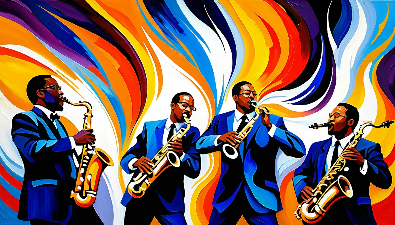 Pintura expressiva em impasto de três músicos de jazz com saxofone