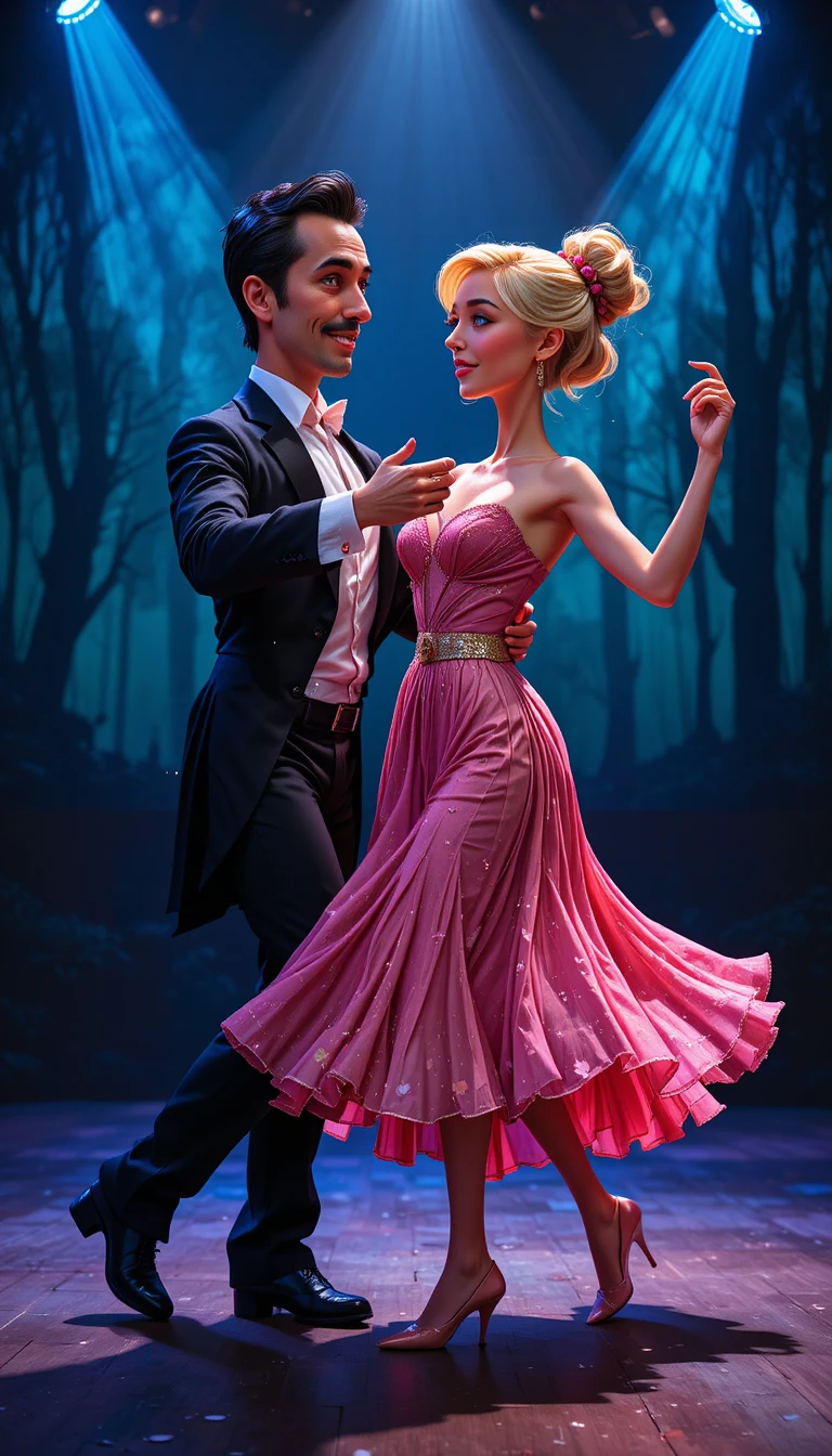 Elegante pareja bailando con energía en un escenario bajo los focos