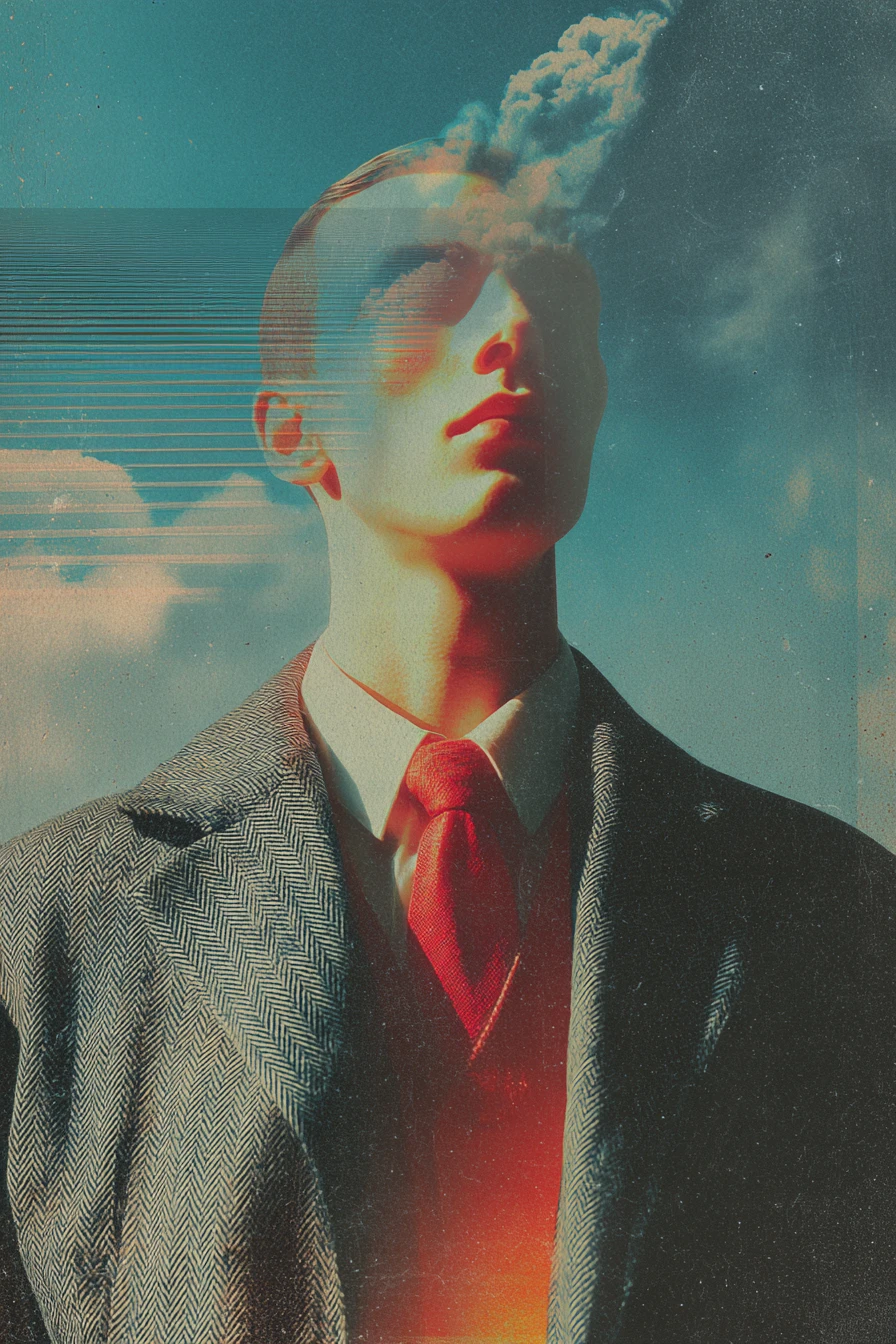 Homem ansioso em arte de colagem vintage surreal e minimalista
